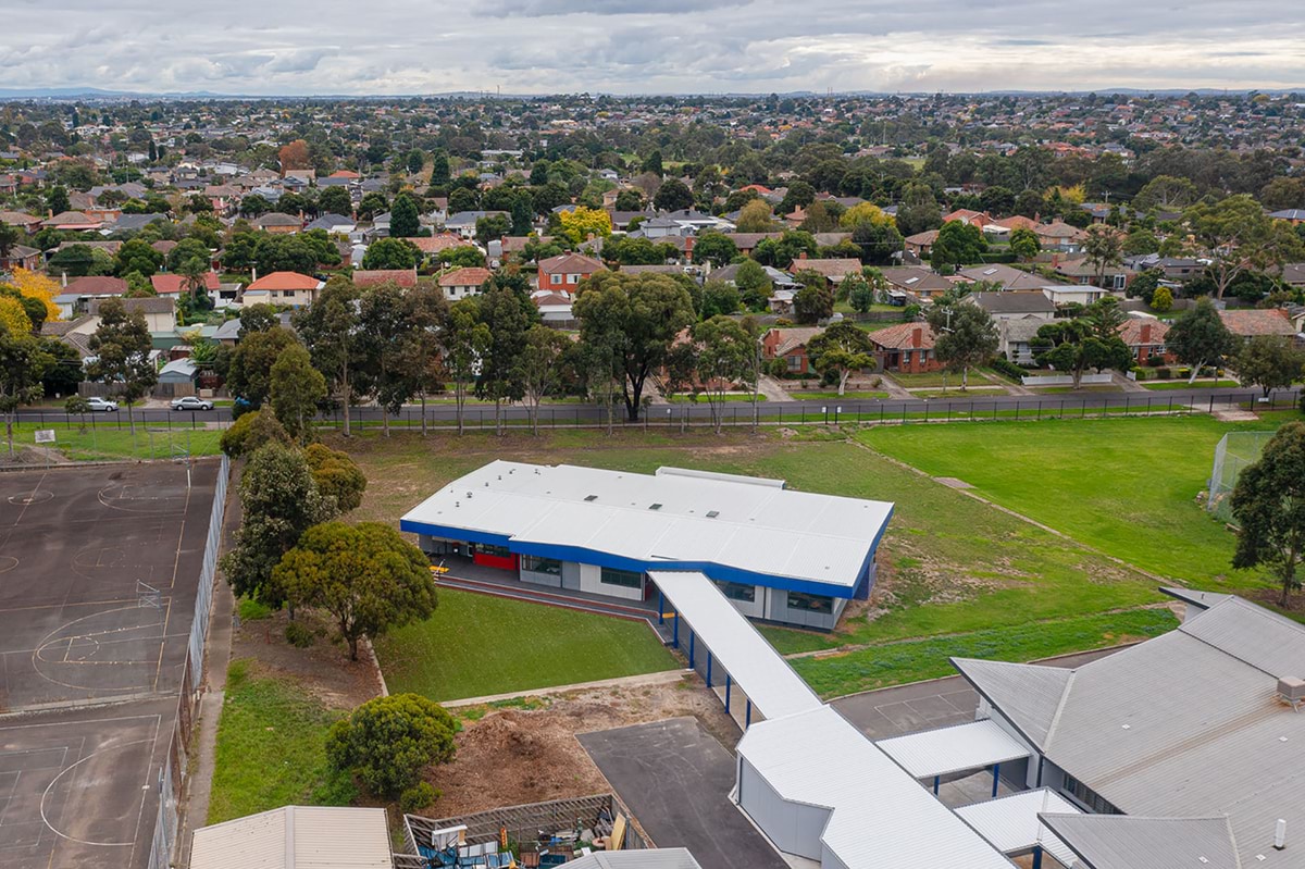 Aerial view of the completed school