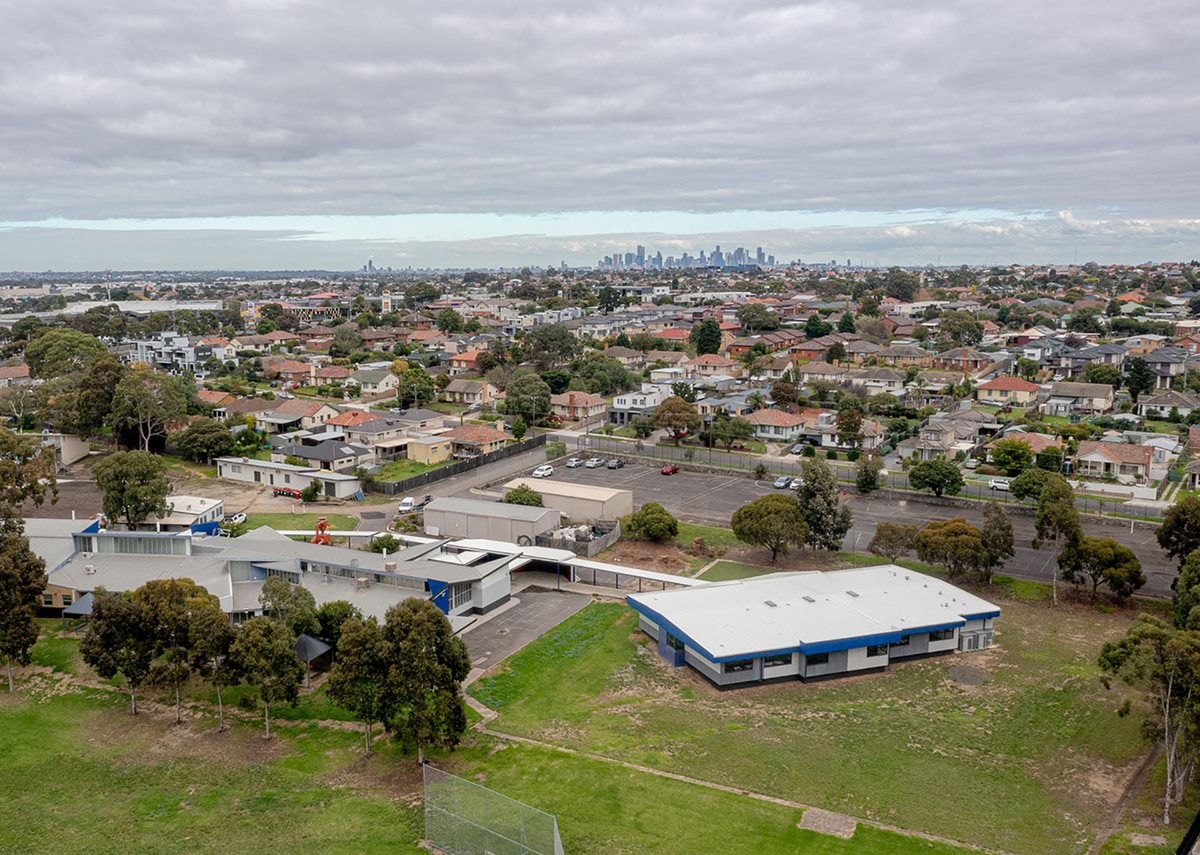 Aerial view of the completed school