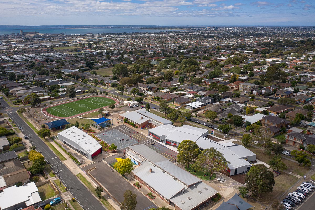 Aerial view of the completed building