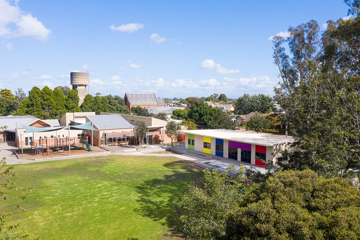 Aerial view of the completed building