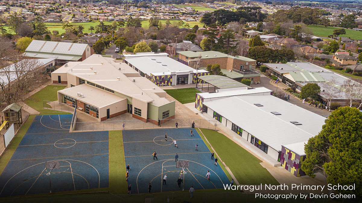 Aerial view of the completed building