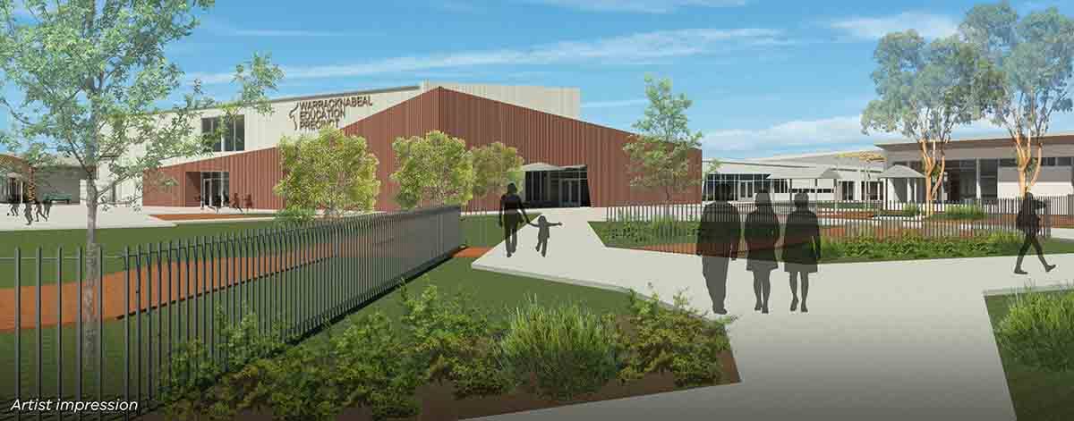 Warracknabeal Education Precinct - entry plaza to gym, illustrated render