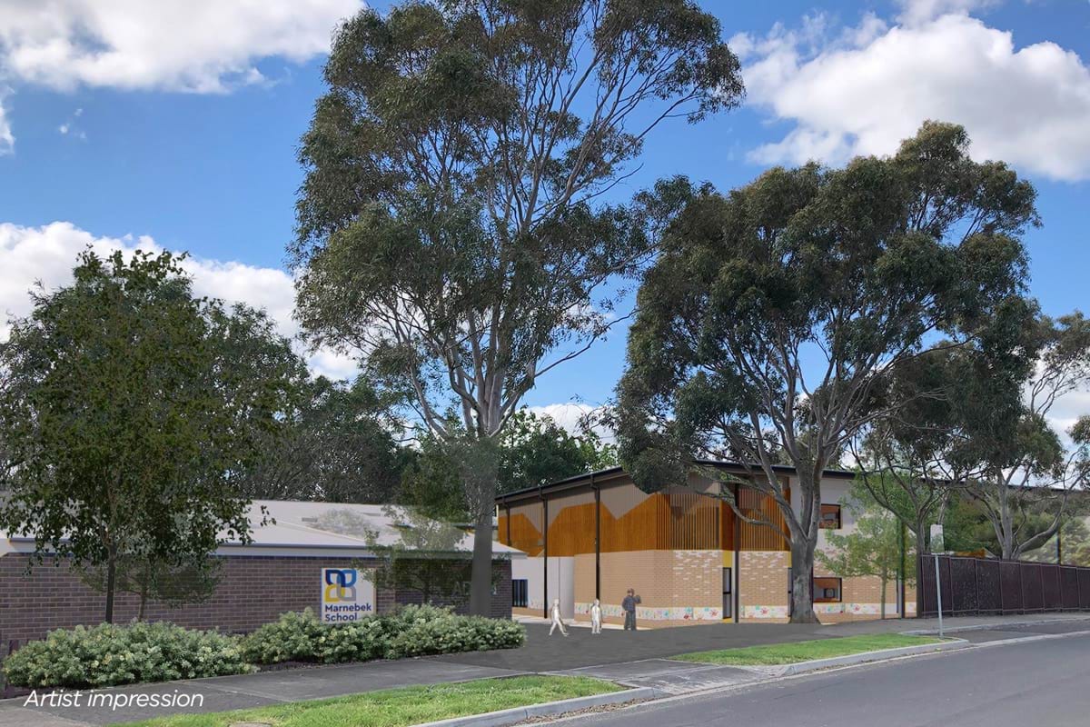 Marnebek School Cranbourne - upgrade and modernisation, Illustrated render -admin & new learning building main school entry