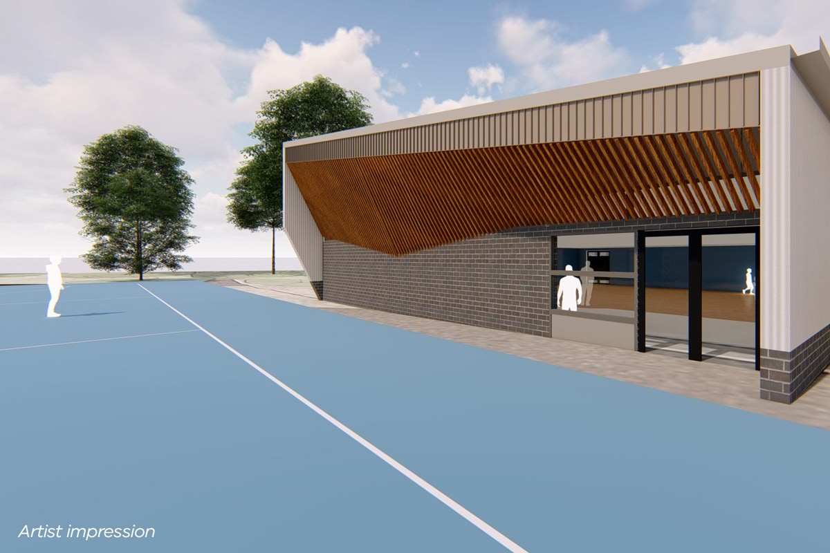 Marnebek School Cranbourne - upgrade and modernisation, Illustrated render - BER Building 1 including the edge of the netball court