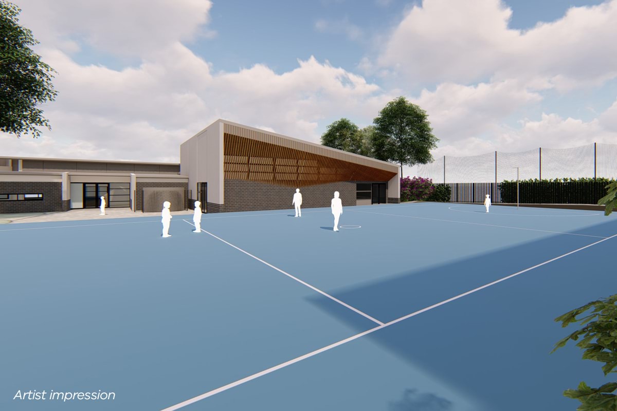 Marnebek School Cranbourne - upgrade and modernisation, Illustrated render - BER Building and netball court