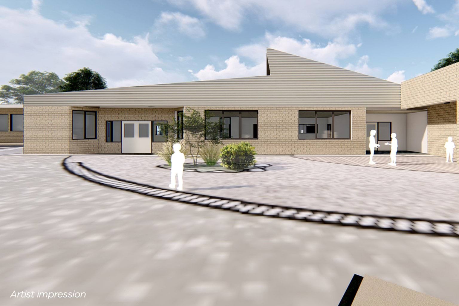 Marnebek School - Resource Intensive Learning Building - exterior from across a patterned courtyard