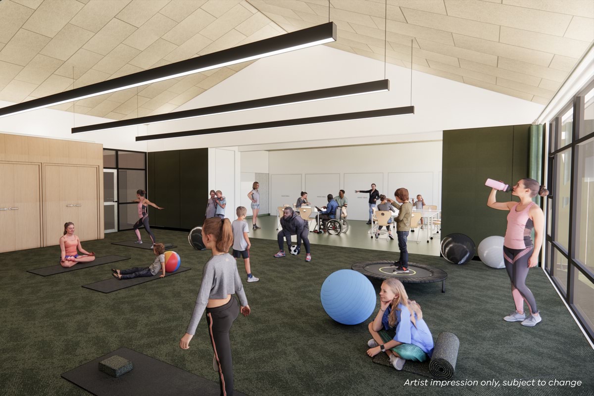 Hamilton Parklands School - upgrade, illustrated render of interior of community hub