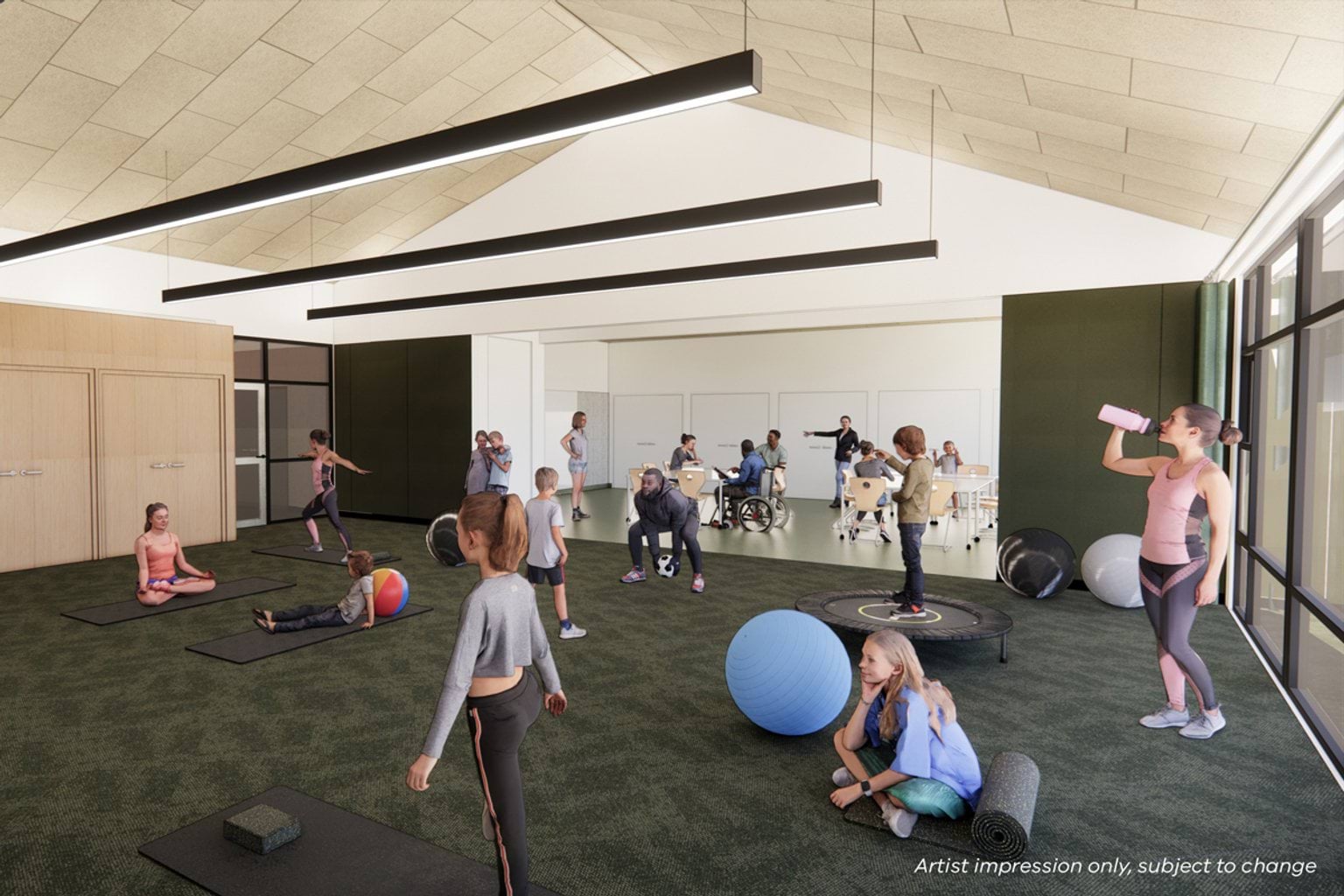 Hamilton Parklands School - upgrade, illustrated render of interior of community hub