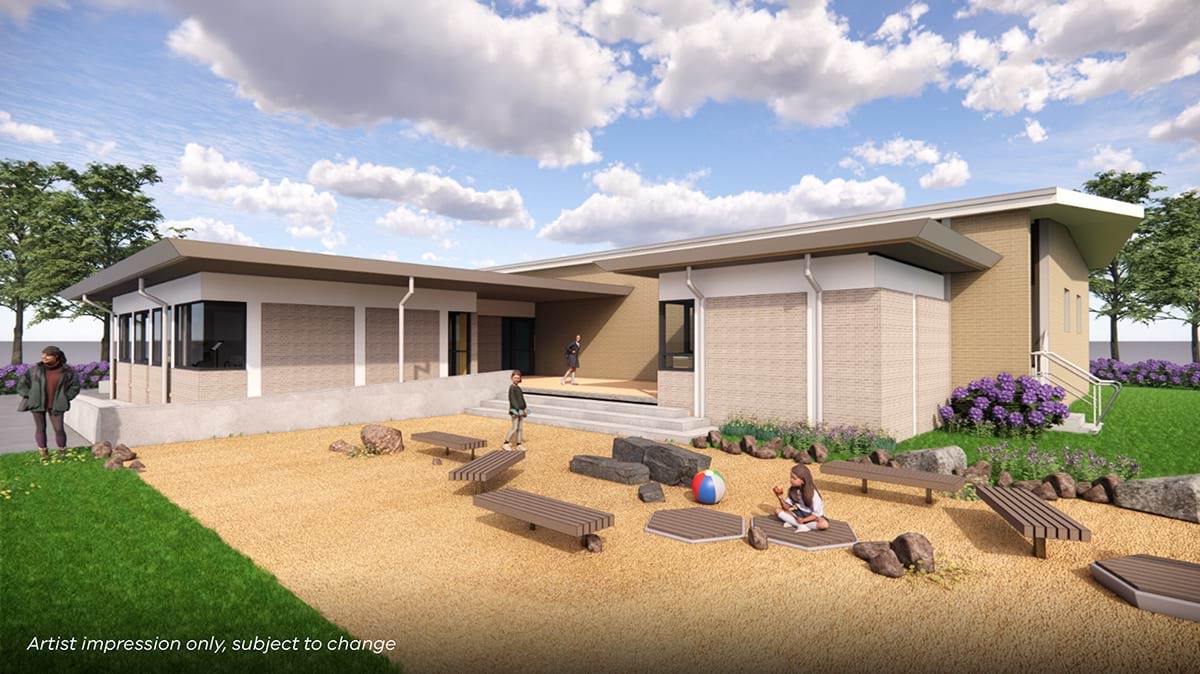 Lalor Primary School - upgrade and modernisation, illustrated render of exterior of community hub