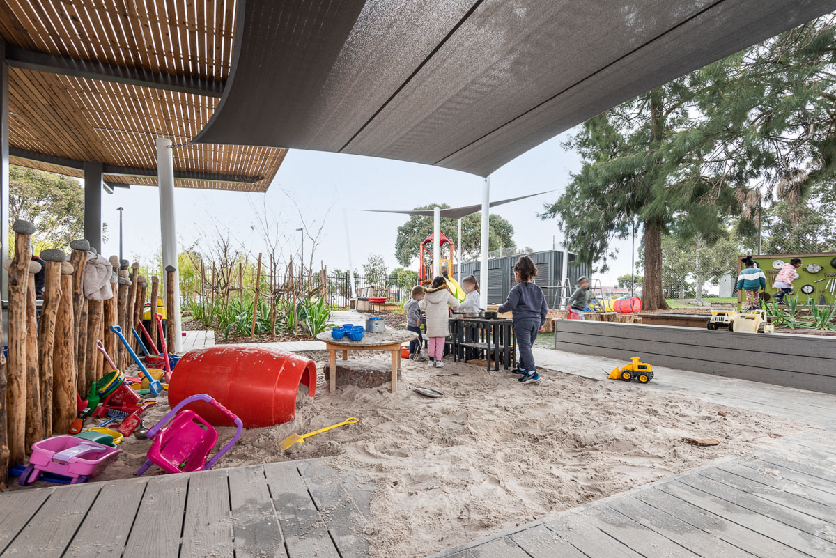 Southern Cross Kindergarten - completed project, photograph of outdoor sandpit and playground