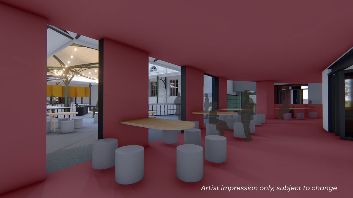 Bendigo Senior Secondary College - upgrade, illustrated render of interior collaboration hub