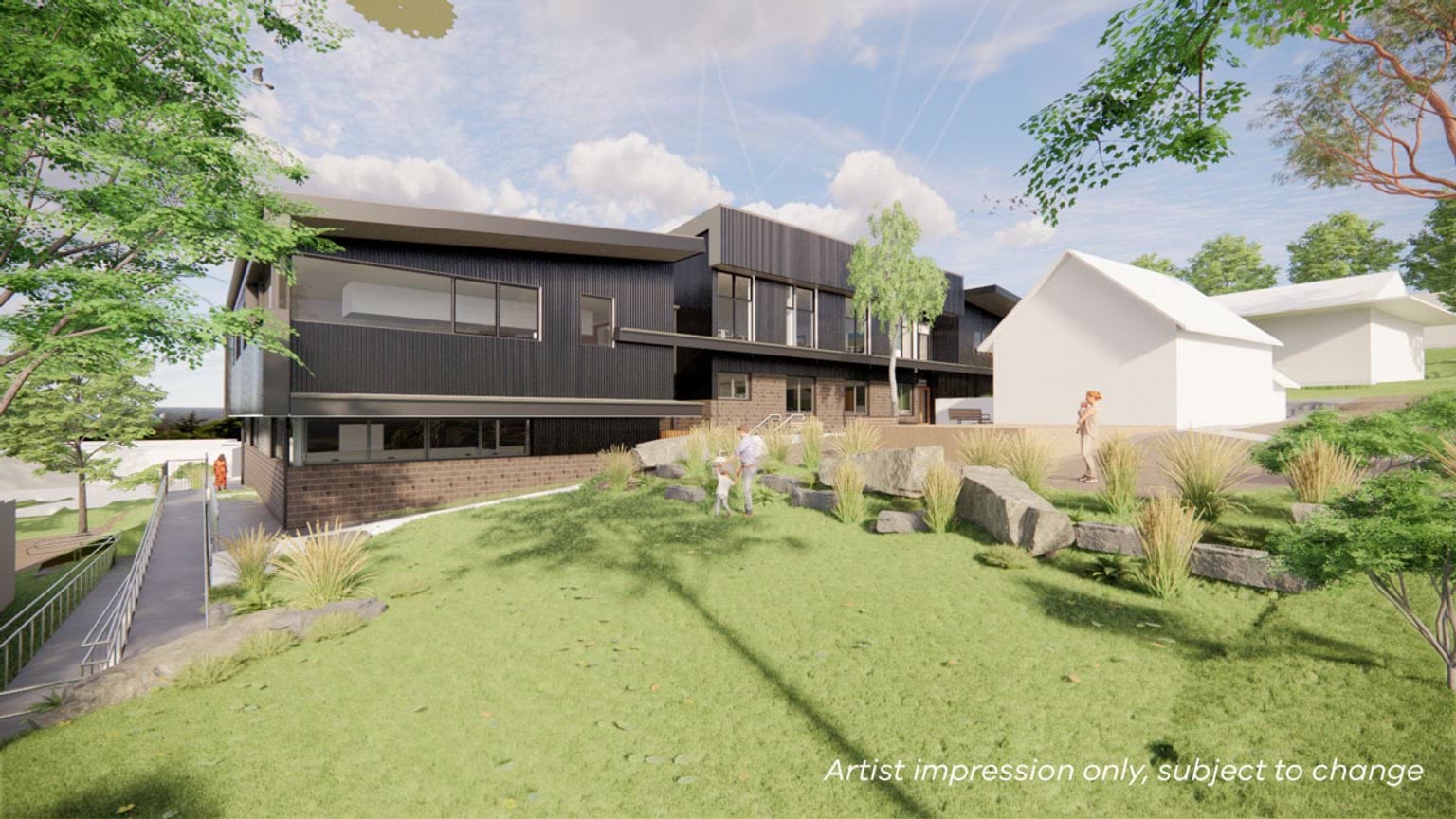 Lorne P-12 College - upgrade and modernisation, illustrated render of exterior north view of building