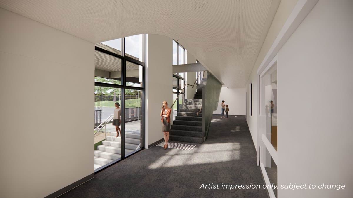 Lorne P-12 College - upgrade and modernisation, illustrated render of interior hallway in new building