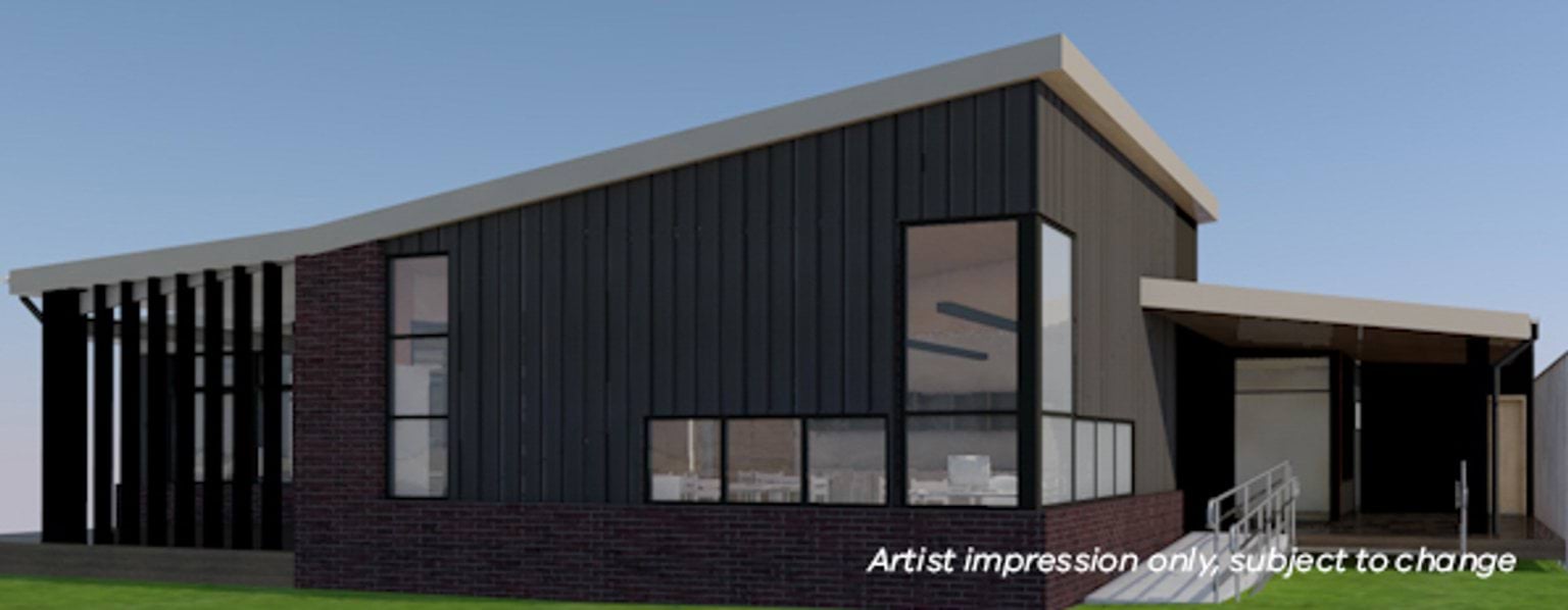 Jackson School - upgrade, illustrated render of the exterior of the middle school entrance
