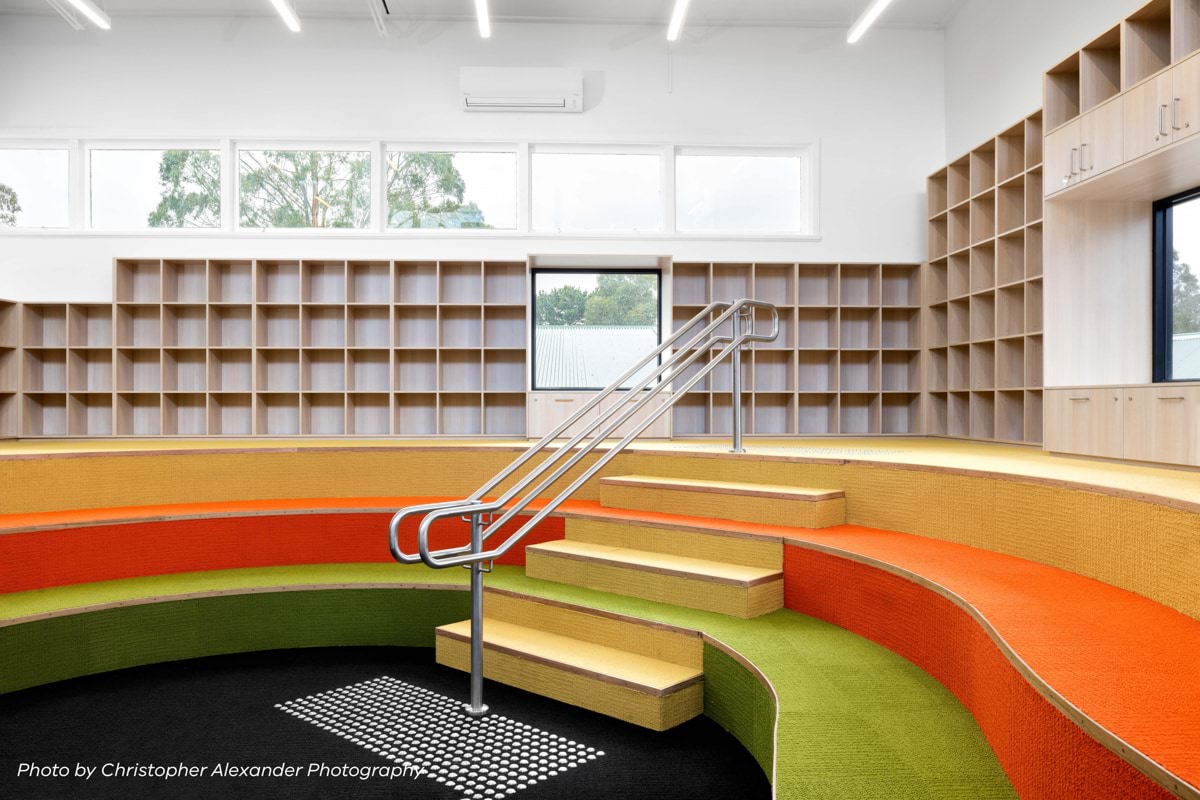 Macedon Primary School - Minor Capital Works Fund, photograph of completed library learning hub, white text reads photo by Christopher Alexander Photography