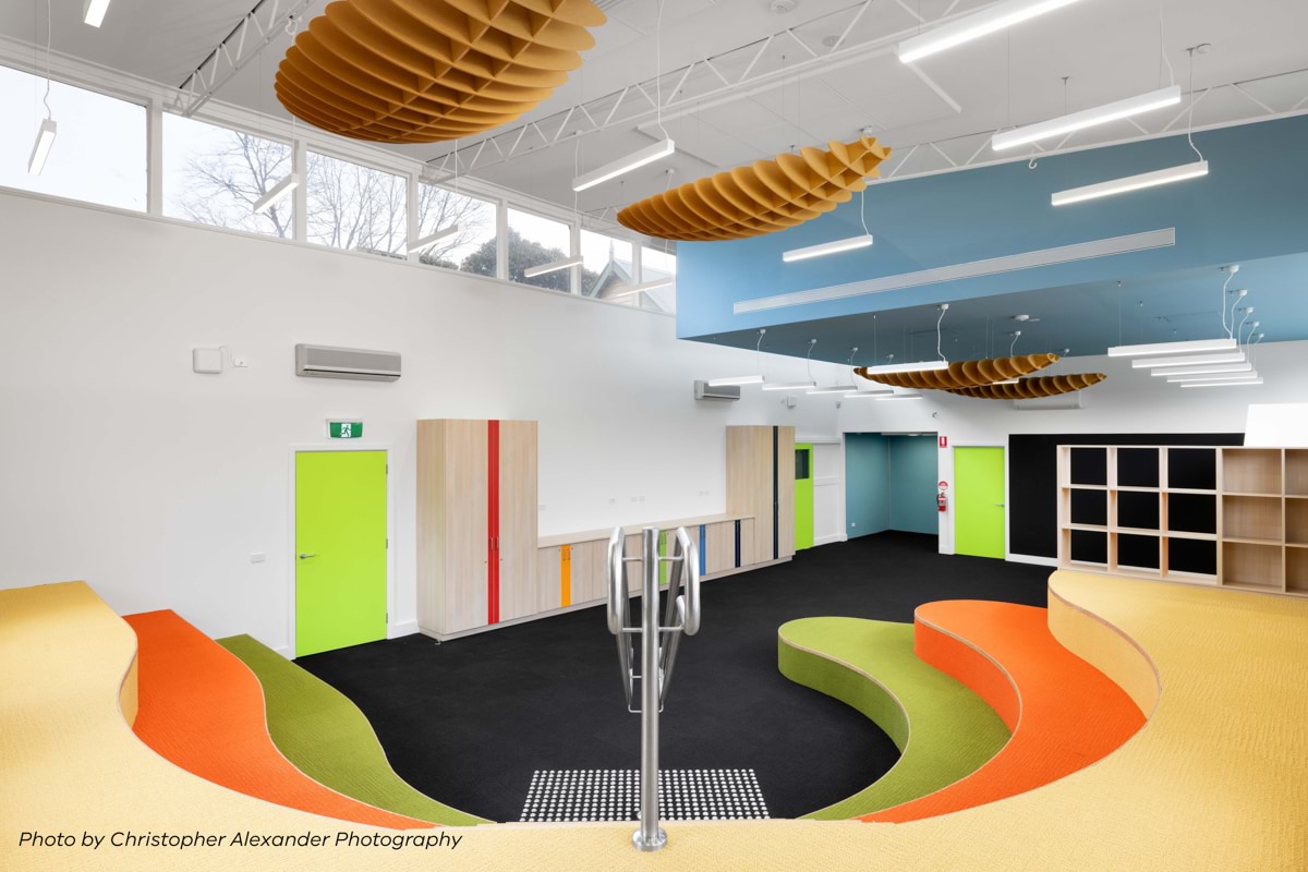 Macedon Primary School - Minor Capital Works Fund, photograph of completed library learning hub, white text reads photo by Christopher Alexander Photography