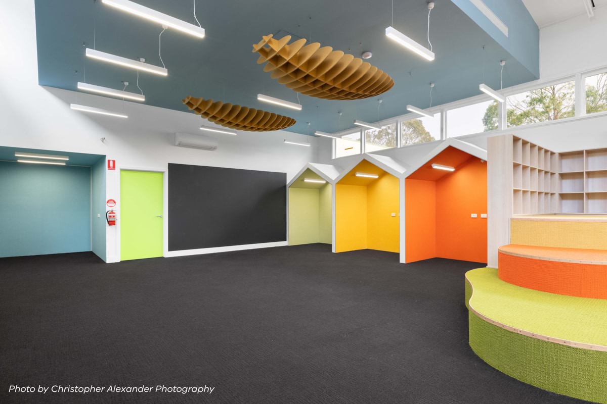 Macedon Primary School - Minor Capital Works Fund, photograph of completed library learning hub, white text reads photo by Christopher Alexander Photography