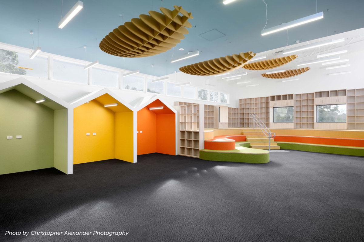 Macedon Primary School - Minor Capital Works Fund, photograph of completed library learning hub, white text reads photo by Christopher Alexander Photography