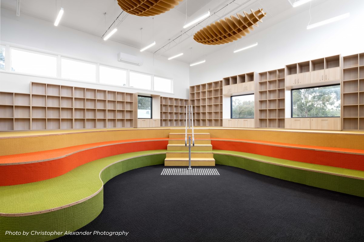 Macedon Primary School - Minor Capital Works Fund, photograph of completed library learning hub, white text reads photo by Christopher Alexander Photography