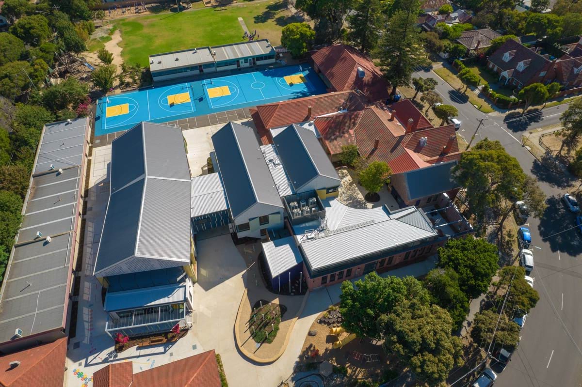 Sandringham Primary School - completed school rebuild, aerial view of exterior