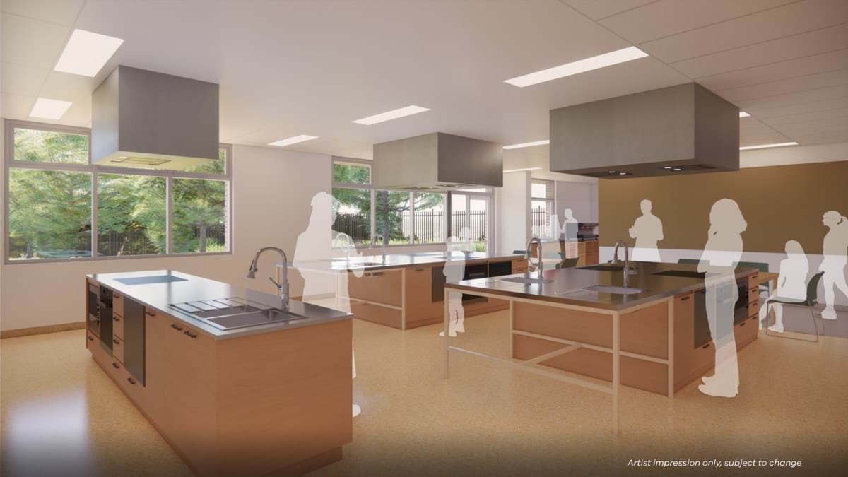 Coburg Special Developmental School - upgrade, illustrated render, interior of food technology classroom