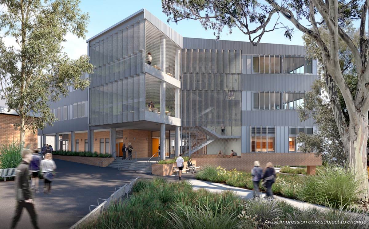 Northcote High School - upgrade, next stage, illustrated render, exterior of new 3 storey building