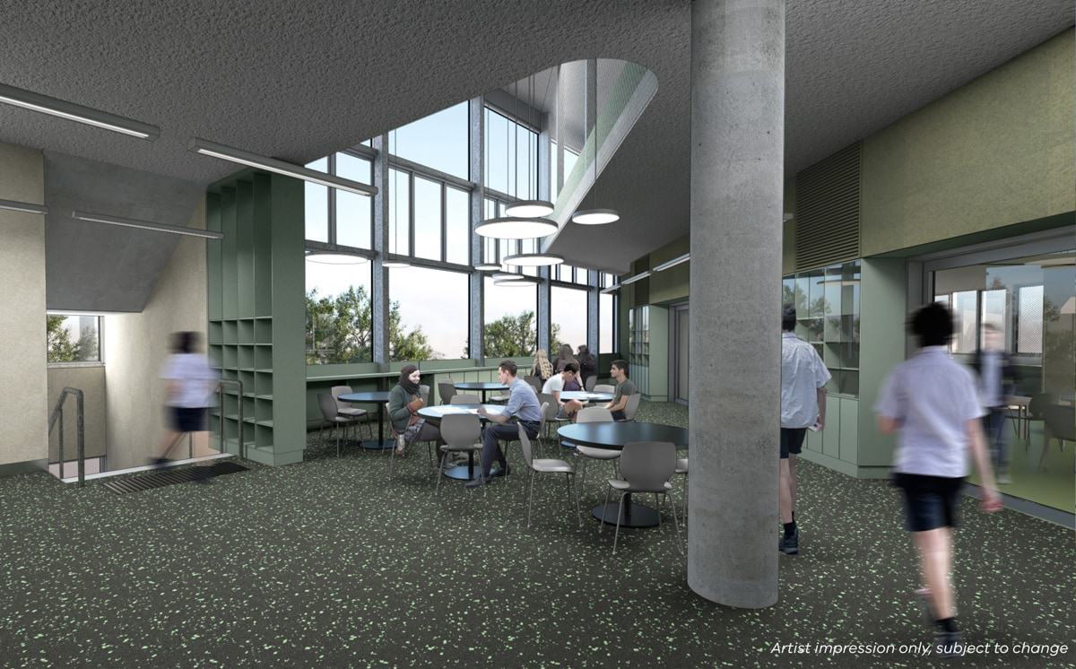 Northcote High School - upgrade, next stage, illustrated render, interior of new 3 storey building