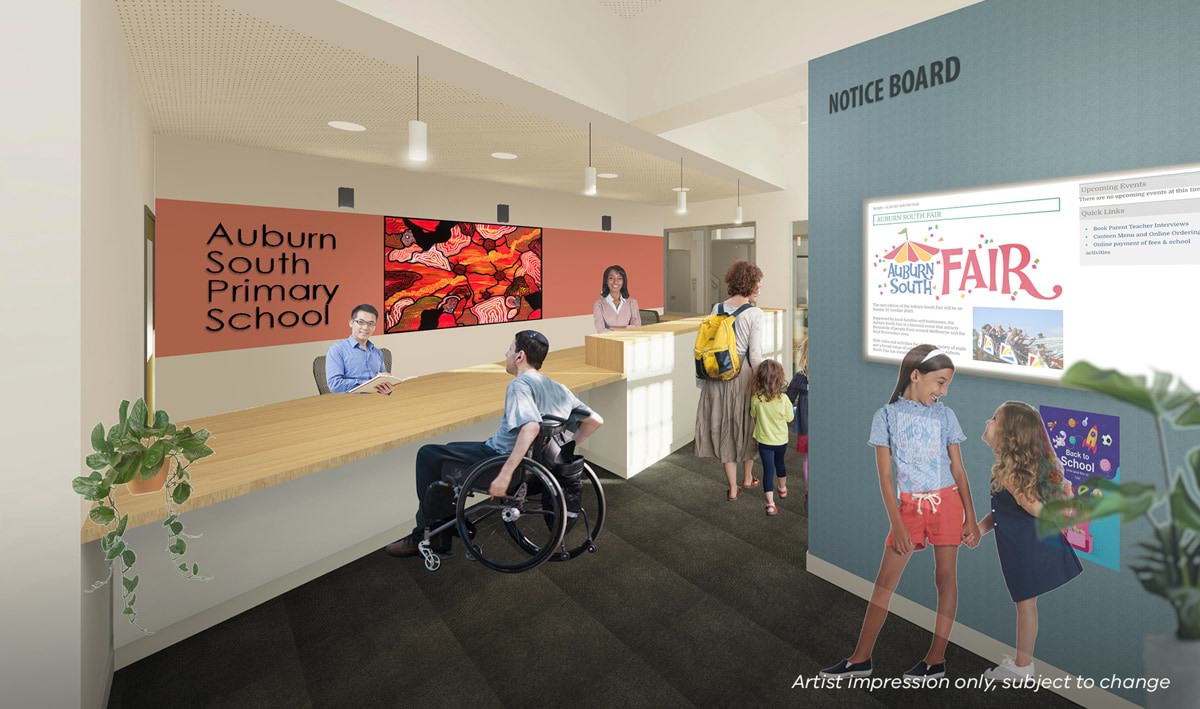 Auburn South Primary School - upgrade, illustrated render of foyer