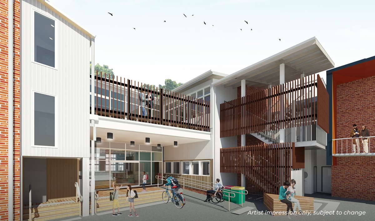 Auburn South Primary School - upgrade, illustrated render of exterior of west entrance 