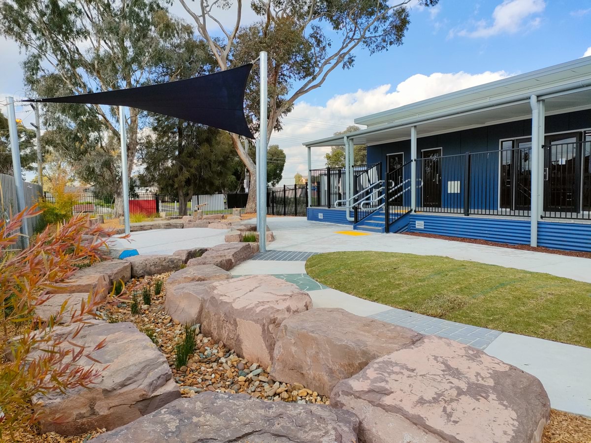 Holy Child Kindergarten - new modular kinder building, Completed building including landscaping