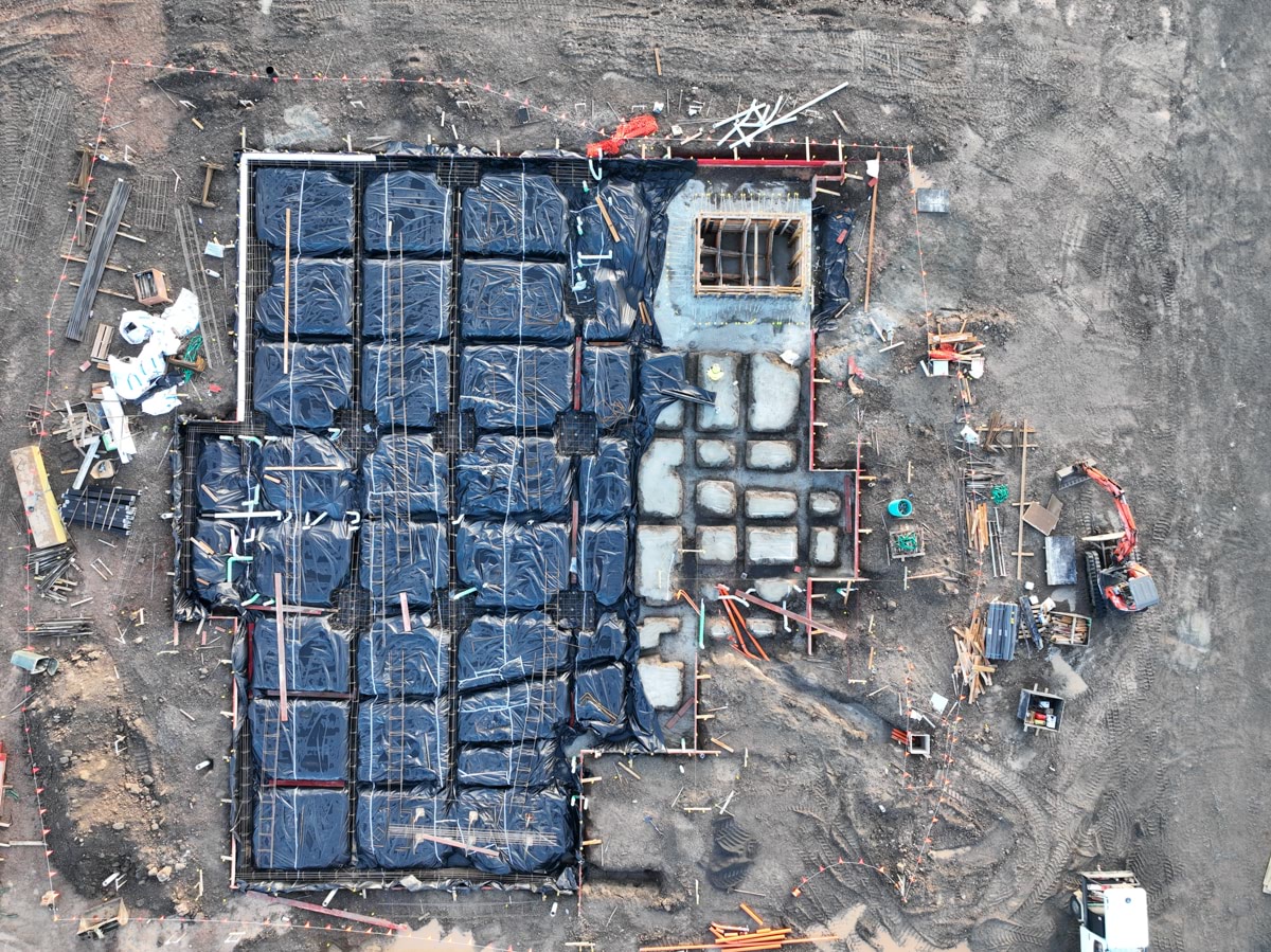 Black Forest East Primary School Kindergarten (interim name) - construction site progress in February 2023 - aerial shot of site showing early construction work