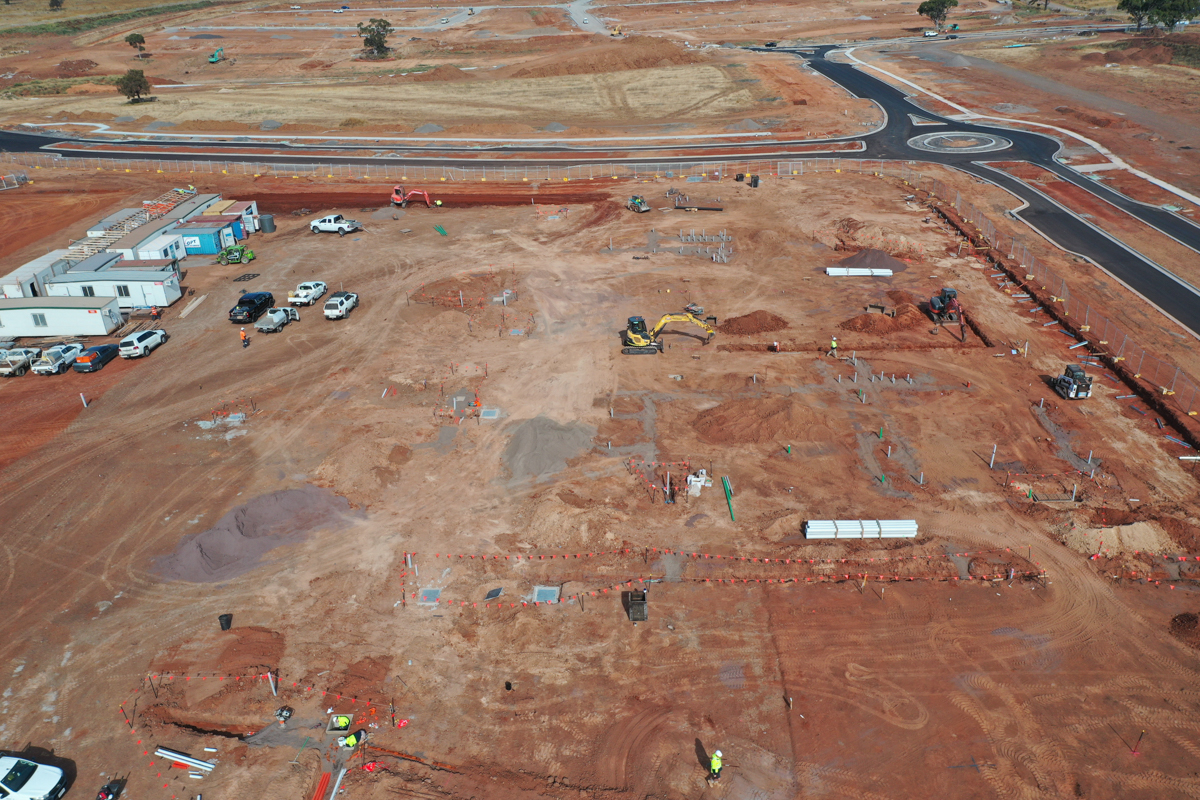 Brookfield Primary School (interim name) - construction photo of site progress in February 2023 - aerial shot of site