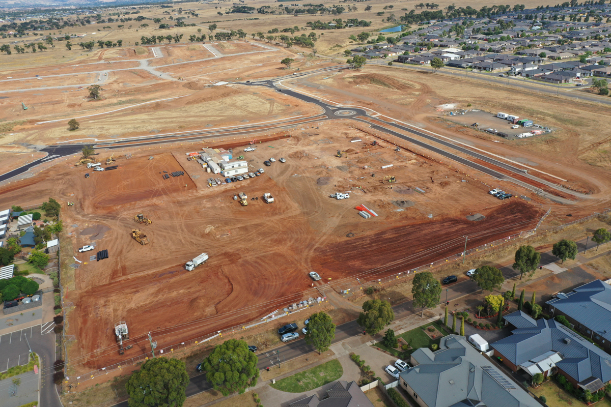 Brookfield Primary School (interim name) - construction photo of site progress in February 2023 - aerial shot of site