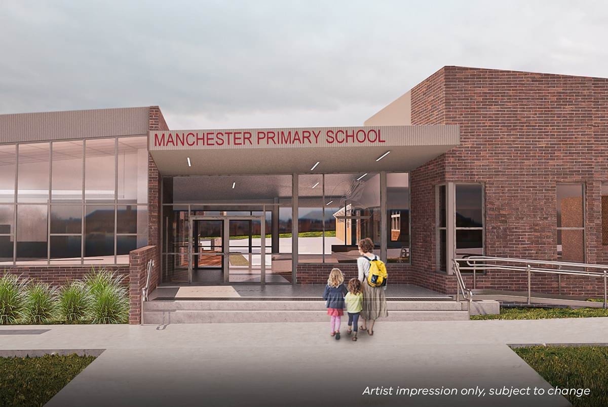 Manchester Primary School - illustrated render showing the entrance to the school building 