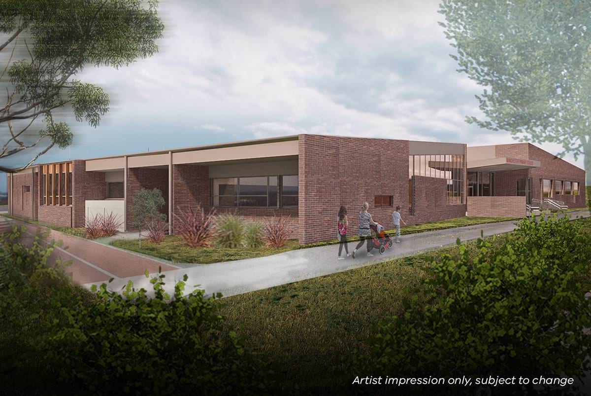 Manchester Primary School - illustrated render showing walkways around a school building and surrounding greenery 