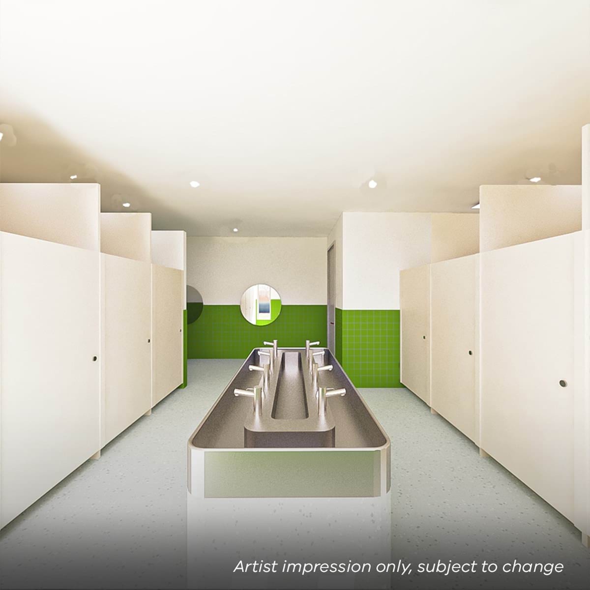 Manchester Primary School - illustrated render showing a school bathroom