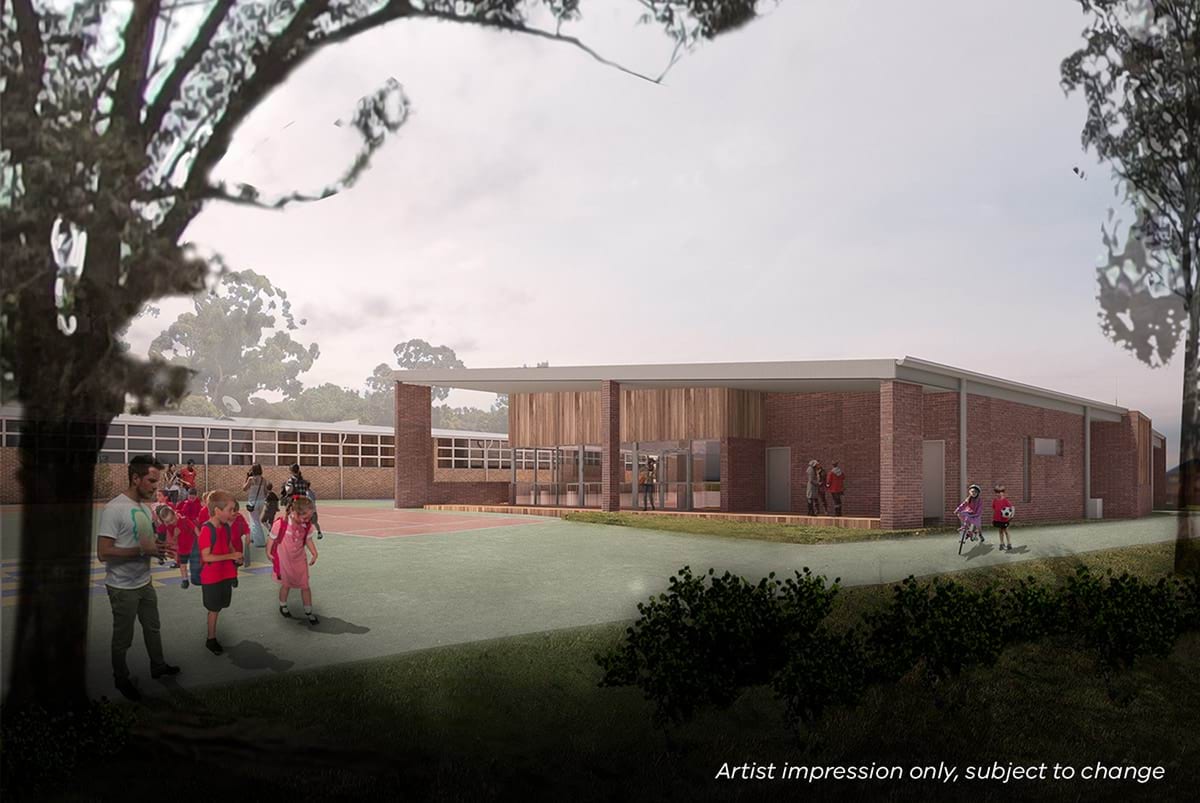 Manchester Primary School - illustrated render showing the outside of a school building surrounded by trees