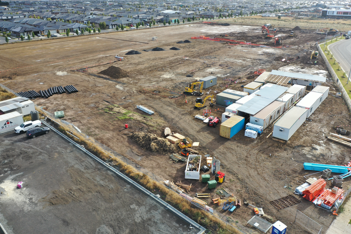 Merrifield South Primary School (interim name) - construction photo of site progress in February 2023 - aerial shot of site showing portables