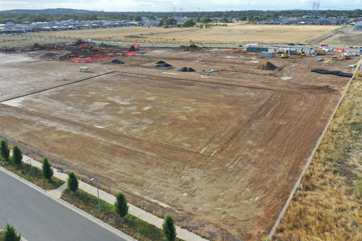 Merrifield South Primary School (interim name) - construction photo of site progress in February 2023 - aerial shot of site