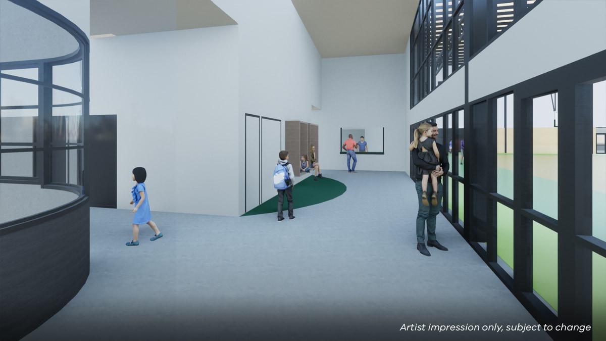 Swinburne Senior Secondary College - illustrated render of an interior space looking onto the gym