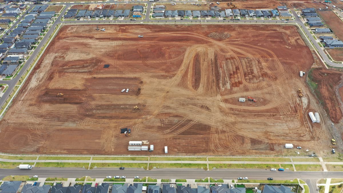 Truganina North Secondary School (interim name) - junior campus - construction photo of site progress in January 2023 - aerial shot of site