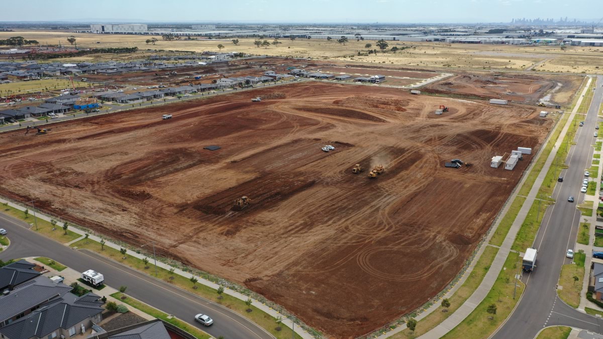 Truganina North Secondary School (interim name) - junior campus - construction photo of site progress in January 2023 - aerial shot of site