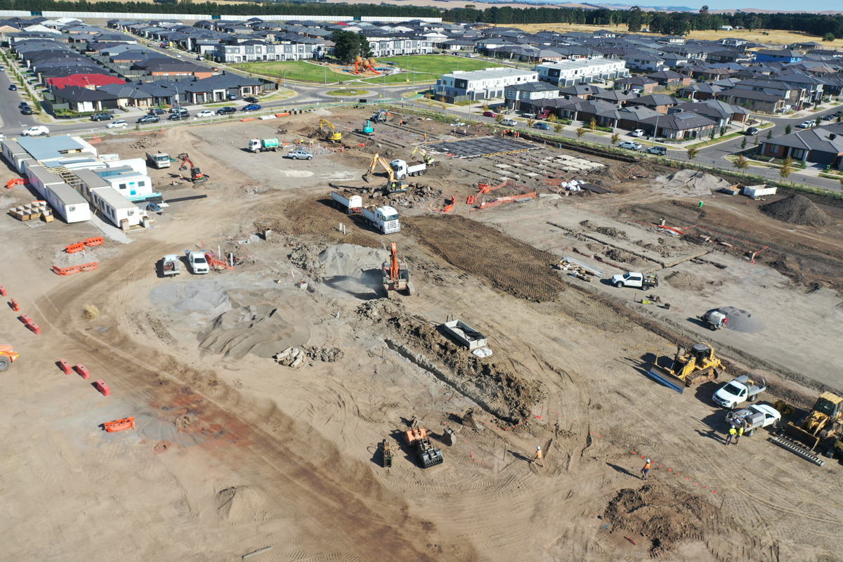 Lockerbie Central Primary School (interim name) - construction photo of site progress in February 2023 - aerial shot of site