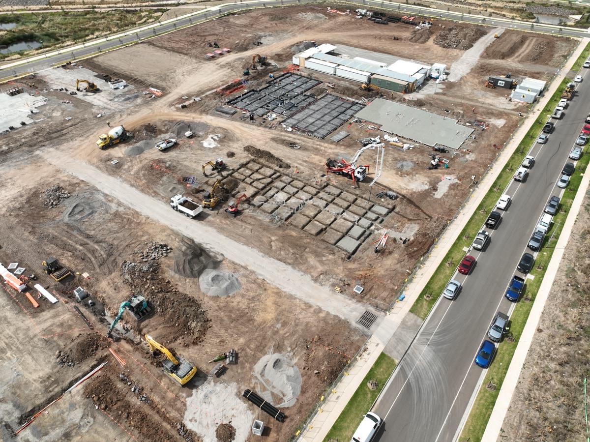 Black Forest East Primary School (interim name) - construction site progress in February 2023 - aerial shot of site showing foundation work and early construction