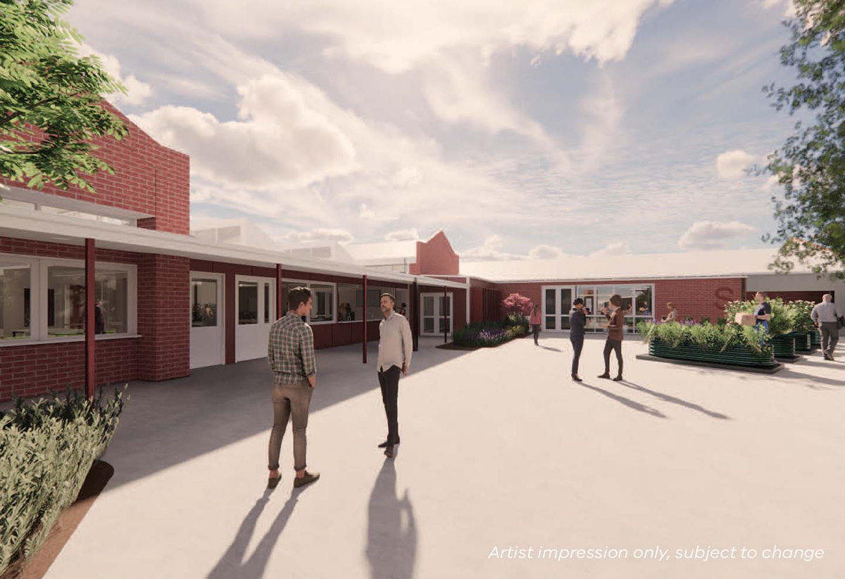 Hampton Park Secondary College - illustrated render showing a school courtyard