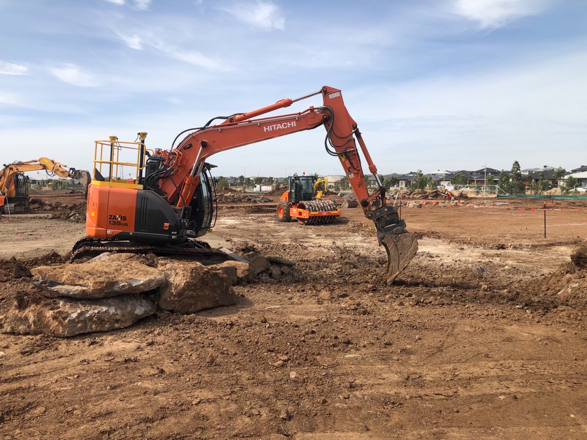 Lollypop Creek Specialist School (interim name) - construction photo of site progress in February 2023 - mechanical digger