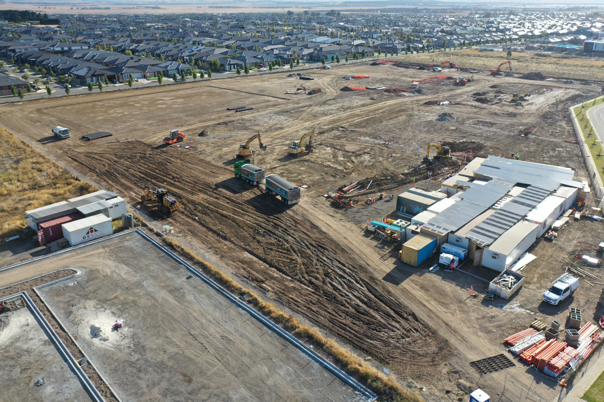 Merrifield South Primary School (interim name) - aerial photo of construction site progress in February 2023