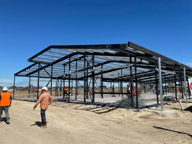 Officer Brunt Road Primary School (interim name) - construction photo in March 2023 showing the framework of a school building