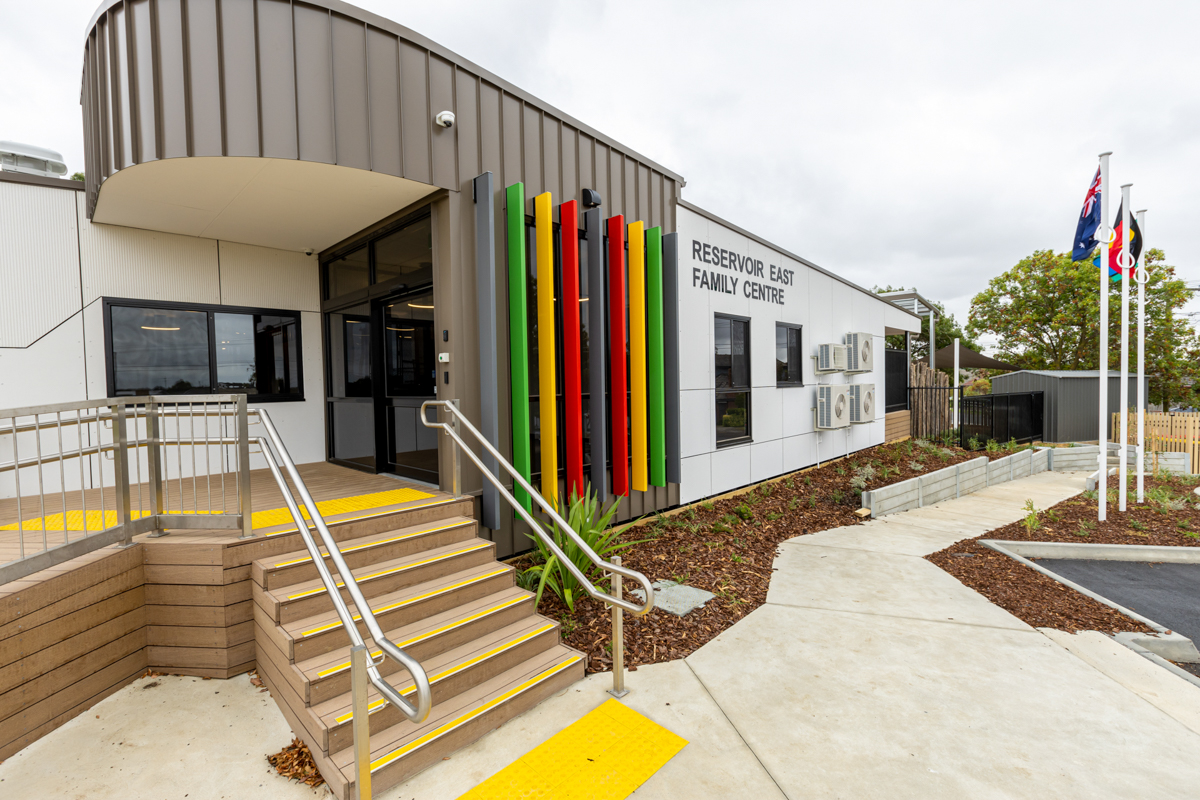 Reservoir East Family Centre - photo of the front entrance displaying the school's name