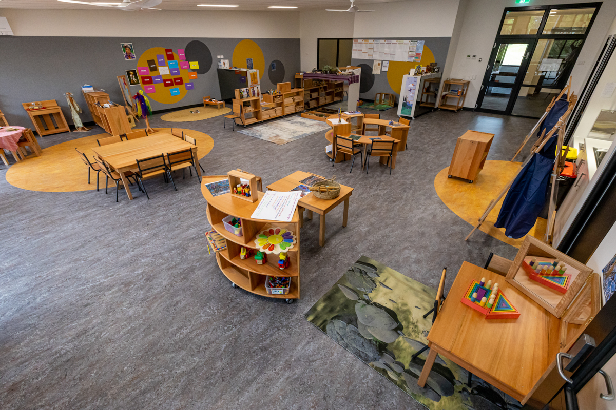 Reservoir East Family Centre - photo of a yellow and grey dot-patterned indoor learning and play space